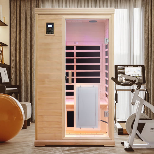 2 Person Far Infrared Sauna for Home, Canadian Hemlock Wood Indoor Dry Sauna with 8 Carbon Heating Panels, Dual Controls, Color Therapy Beauty Light, Bluetooth Speakers