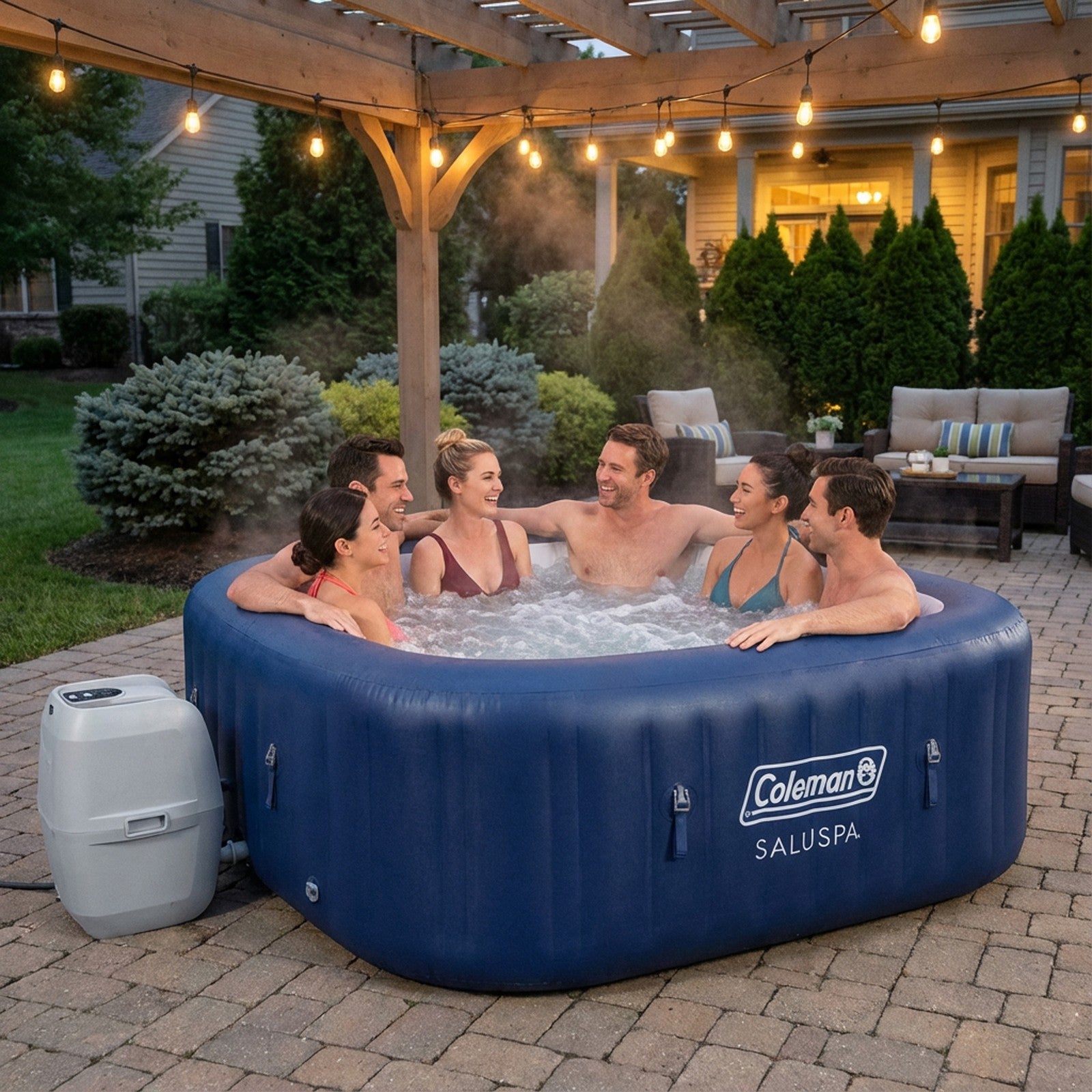 Coleman Atlantis Airjet Square Inflatable Hot Tub with Energysense Cover, Blue