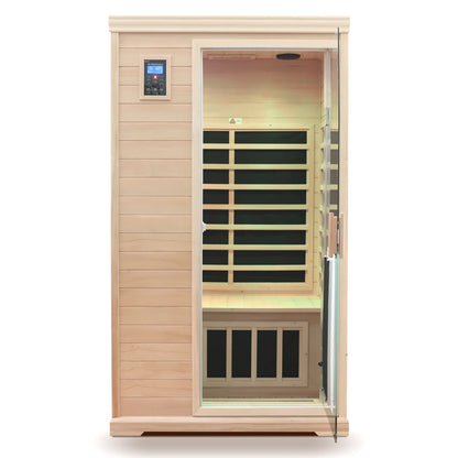 2 Person Far Infrared Sauna for Home, Canadian Hemlock Wood Indoor Dry Sauna with 8 Carbon Heating Panels, Dual Controls, Color Therapy Beauty Light, Bluetooth Speakers